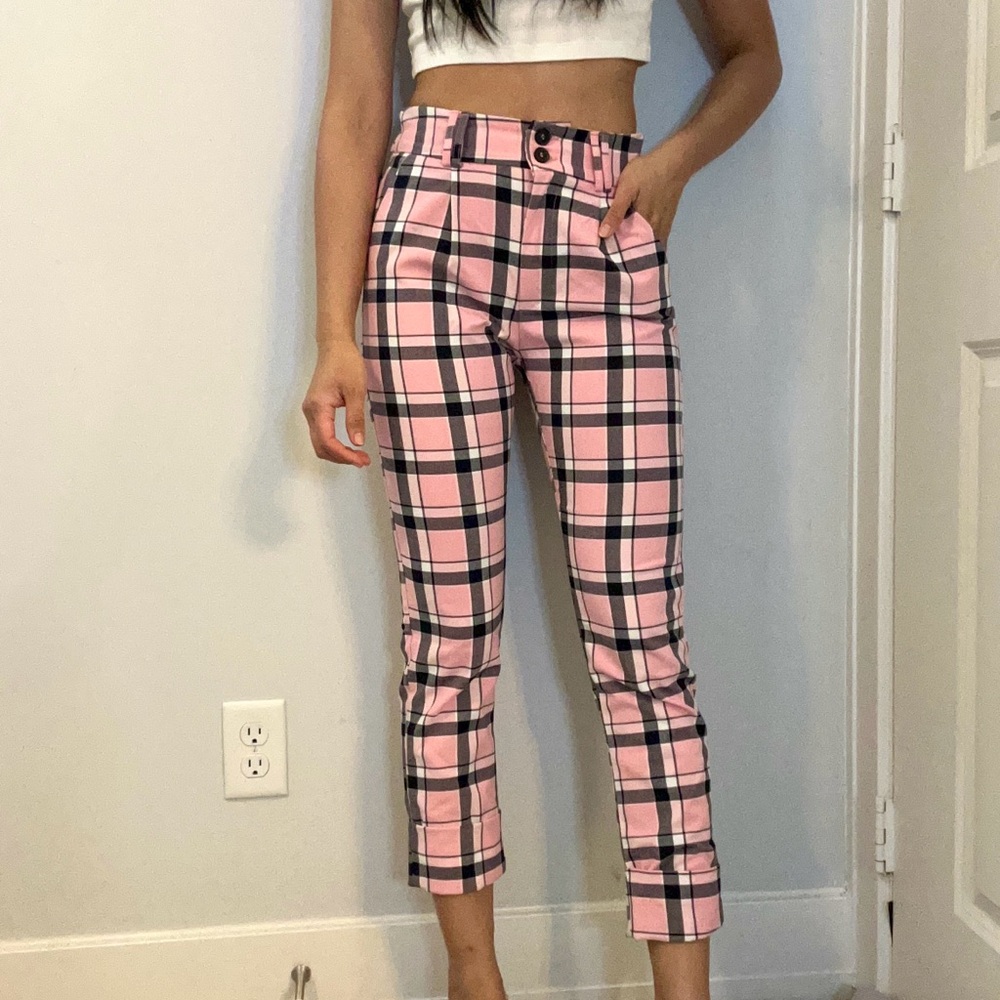 Bershka Pink and Black Ankle Cropped Pants